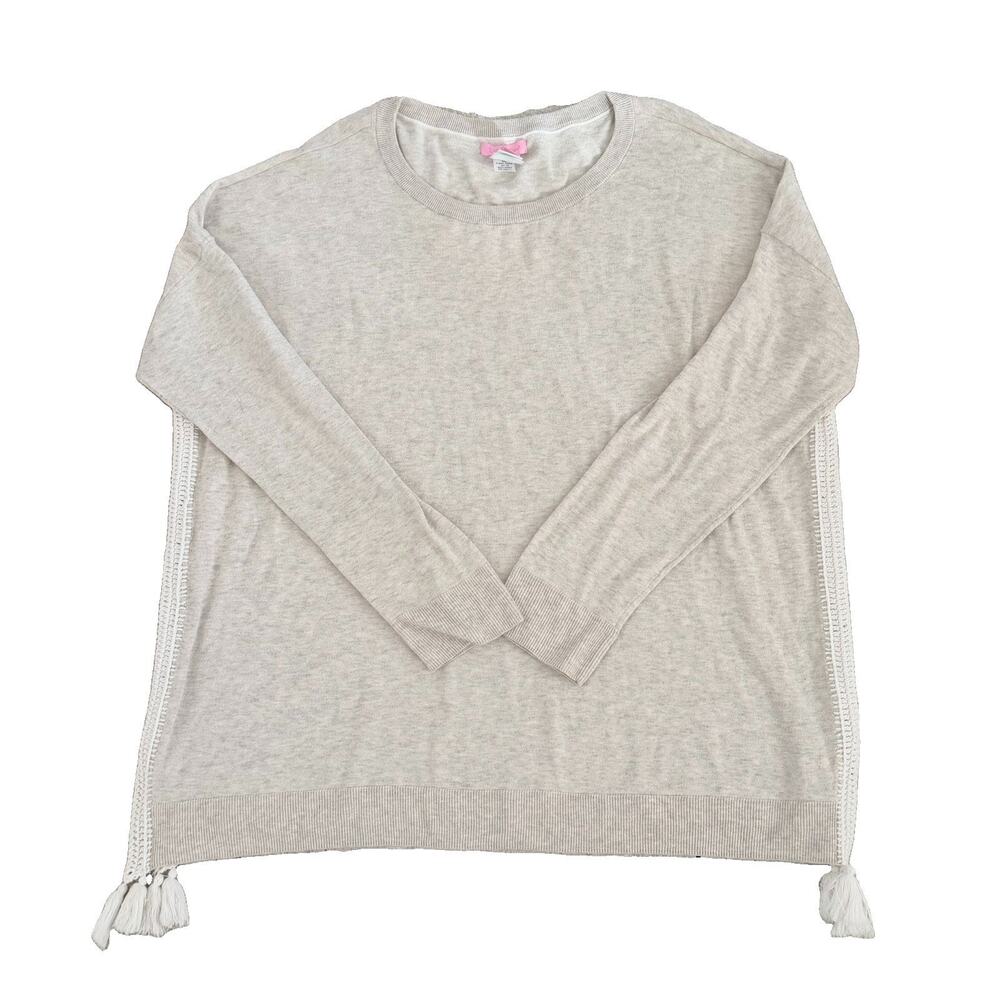 Lilly Pulitzer Grey Damara Coolmax Sweater Crochet Tassel Sides XL Oversized